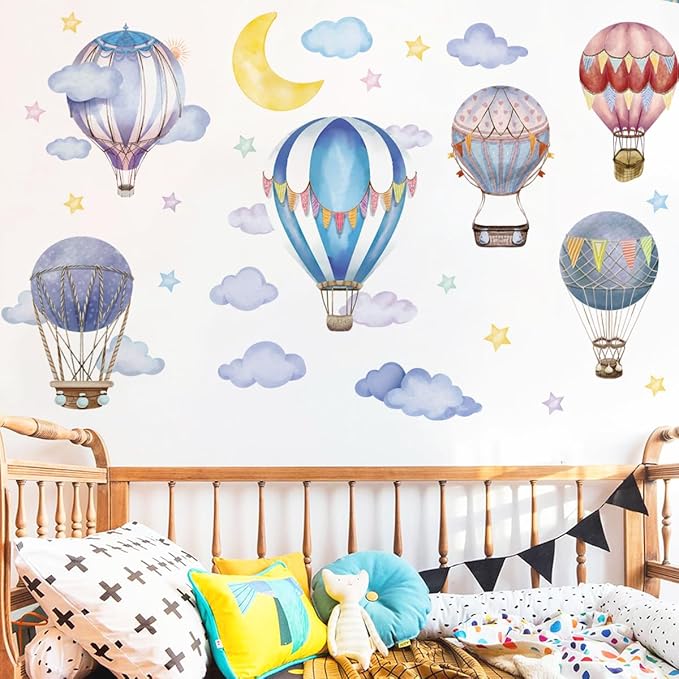 Runtoo Large Hot Air Balloon Wall Decals Nursery Colorful Moon Stars Cloud Balloon Wall Art Stickers Baby Kids Bedroom