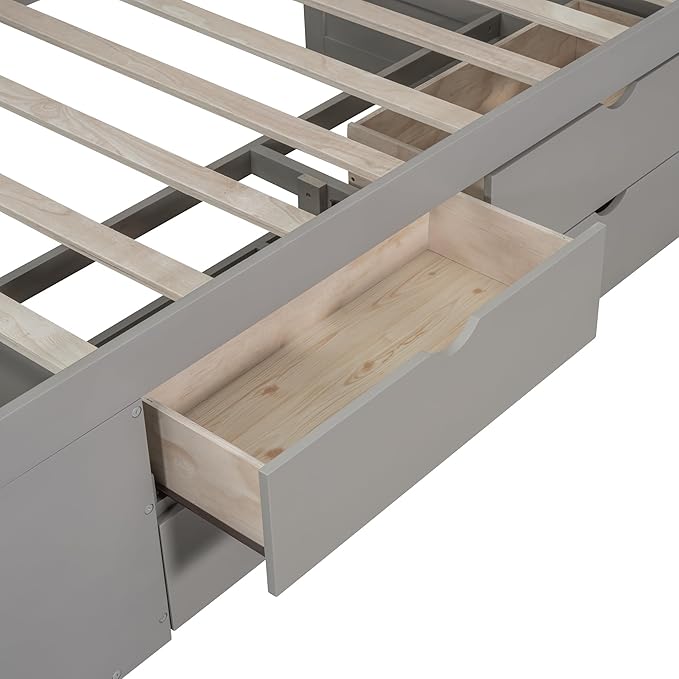 Twin Size Daybed with 4 Storage Drawers and Shelves, Wooden Twin Platform Bed Frame with L-Shaped Headboard and Slats Support, Corner Bed Twin Captain Beds for Kids Boys Girls Teens, Gray
