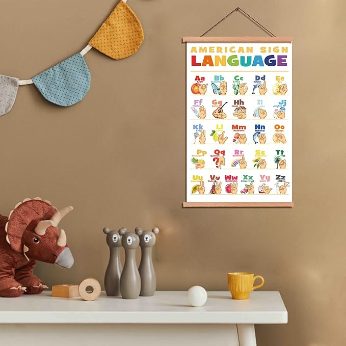 KAIRNE American Sign Language Poster With Wood Magnetic Hanger Framed(11X17.7inch),Alphabet Learning Decor With Common Words ABC Chart Wall art for Toddlers Kids Room Classroom Playroom Decor