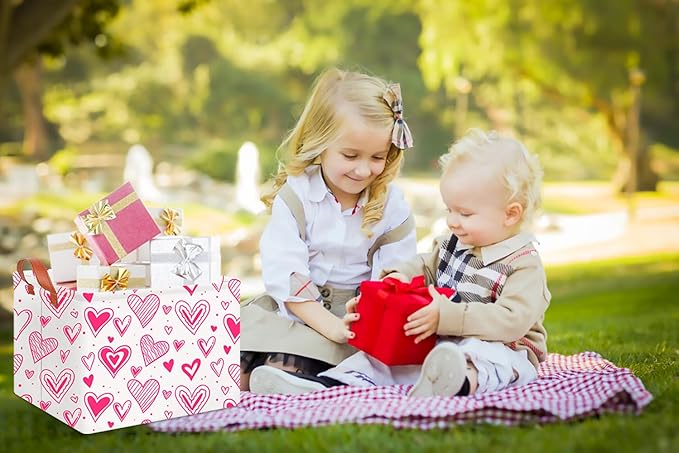 CLOCOR Rectangular Heart Printed Valentine's Day Basket Empty, Gift Basket, Waterproof Storage Basket with Handles, Room Decor(Bright Heart)