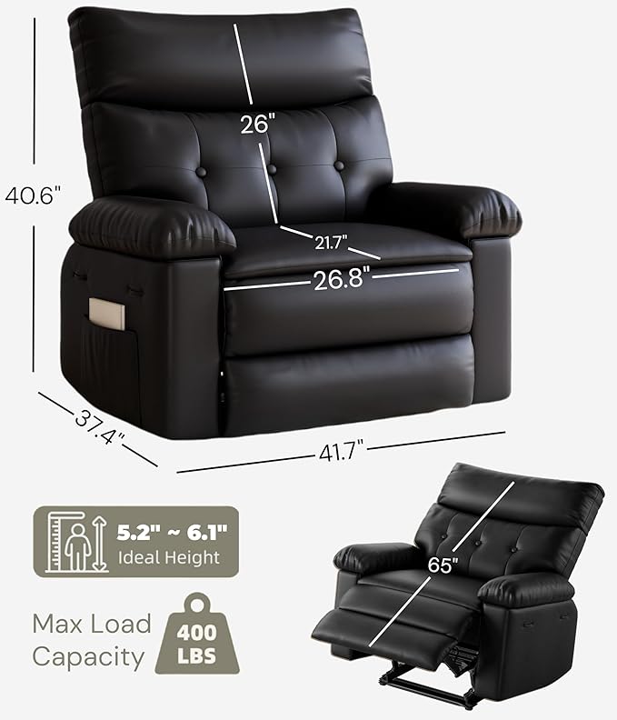 GarveeHome Oversized Wide Recliner Chair - Heat and Massage, PU Leather Extra Wide Manual Recliner for Adults, Large Lazy Chair with 1.5X Sponge Comfort Arm and Back for Living Room, Bedroom
