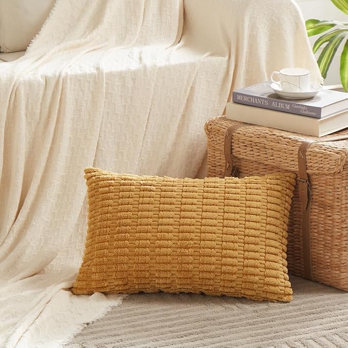 Fancy Homi 2 Packs Mustard Yellow Lumbar Decorative Throw Pillow Covers 14x24 Inch for Living Room Couch Bed, Rustic Farmhouse Boho Home Decor, Soft Striped Corduroy Rectangle Cushion Case 35x60 cm