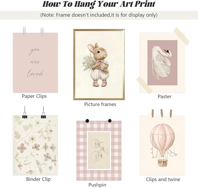 Pink Nursery Wall Art Baby Girl Canvas Wall Decor Vintage Poster Bunny Flower Wall Art Antique Preppy Pictures Animal Floral Prints Kids Swans Painting for Girls Room Bedroom 12x16x6 Inch Unframed