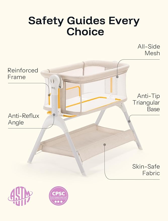 HARPPA Cuddly Baby Bassinet Bedside Sleeper, 3 in 1 Rocking Bassinet with Mattress and Soft Cover, Full Mesh Sides, 5 Height Adjustable with Wheels for Newborns, Beige