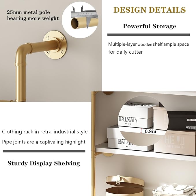 Industrial Pipe Clothes Rack, Gold Clothing Rack with Shelves, Wall Mounted Clothes Rack Heavy Duty Closet Organizers Wardrobe Multi-Purpose Storage Clothes Hanging Shelf - 94.5''L Gold