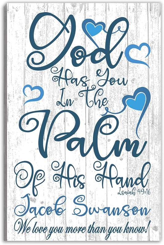 Baptism Gift God Has You In The Palm of His Hand Sign Nursery Or Child's Room Wall Decor Personalized Gift for Christian Home Art For Baby, Boy or Girl's Room From Grandparent Dad Mom GodParent