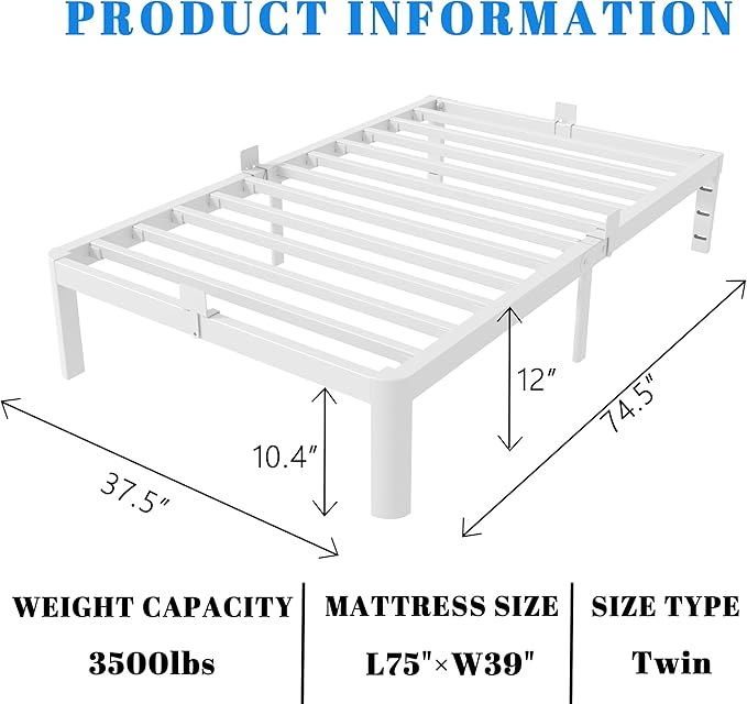 White 12 Inch Twin Bed Frames with Gaskets, Metal Twin Size Bed Frame No Box Spring Need, Heavy Duty Steel Platform Support, Round Corner Desgin, Reserved Holes, Storage Space, Noiseless