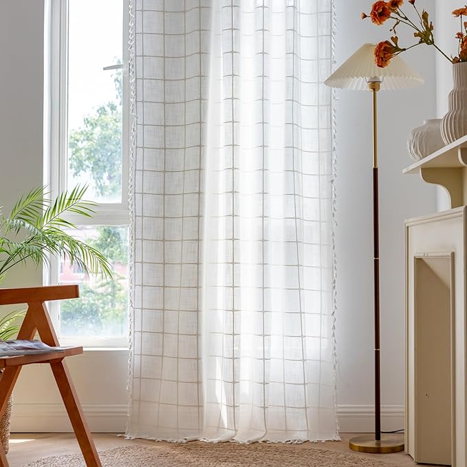Deeprove White Boho Curtains for Bedroom 96 Inches Long, Cream Checkered Bohemian Chic Textured Embroidery Plaids, Vintage Handmade Tassels Country Decor Drapery, Rod Pocket, 1 Panel W52 x L96