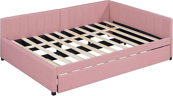 Harper & Bright Designs Full Size Upholstered Daybed with Trundle Sofa Bed Frame for Boys Girls Kids Adults Toddler No Box Spring Needed, Linen Fabric(Pink)