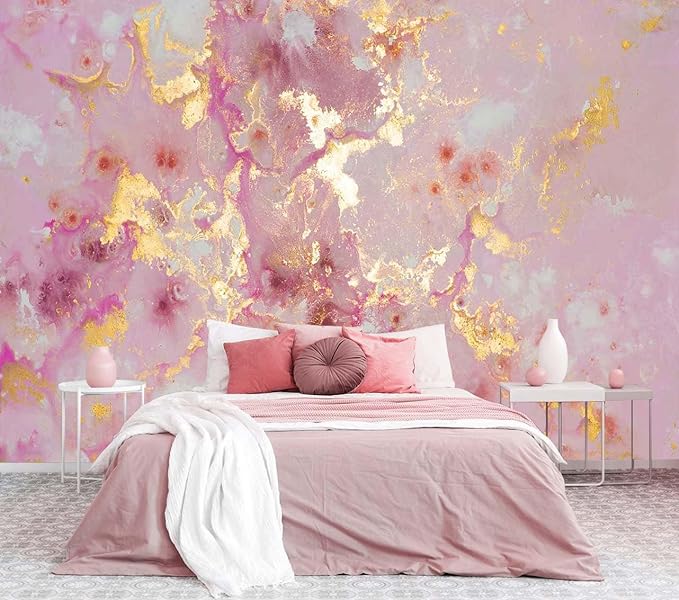 Pink Marble Wallpaper Mural Abstract Gold Gilt Large Art Wall Mural for Bedroom Livingroom(Not Self-Adhesive)