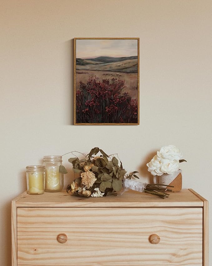 ARPEOTCY Vintage Framed Canvas Wall Art, 12x16inch, Farmhouse Landscape Wall Decor, Moody Art Prints Home Decorations, Maroon Wildflower Scenery Paintings for Living Room Bedroom Office Decor