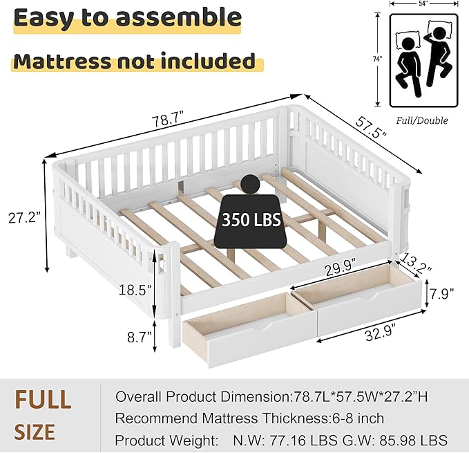 Full Size Kids Bed Frame with Rails, Wood Montessori Bed Full with 2 Storage Drawers &Slats Support, Modern Daybed with Removable Bed Rails for Girls Boys Bedroom Living Room, White