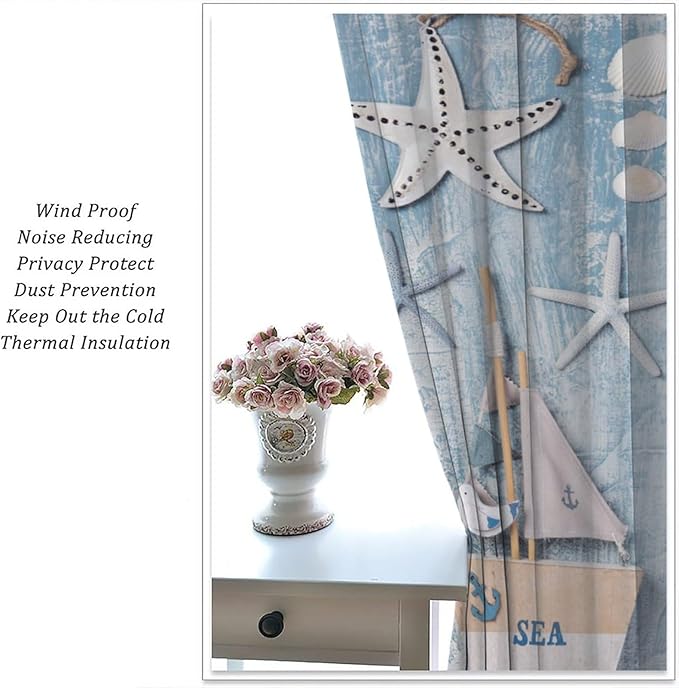 Nautical Curtain,Navy Anchor Sailing Map Starfish Seashells Bedroom Curtain,Waterproof Washable Fabric for Bedroom Decor Set 2 Panels,42x63 Inches