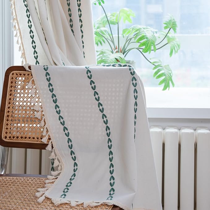 Deeprove Emerald Green Boho Curtains 84 inches Long for Bedroom, Vintage Bohemian Embroidery Farmhouse Cotton Striped Linen Country Tassel Window Treatments Christmas Decor, W52 x L84, 1 Panel
