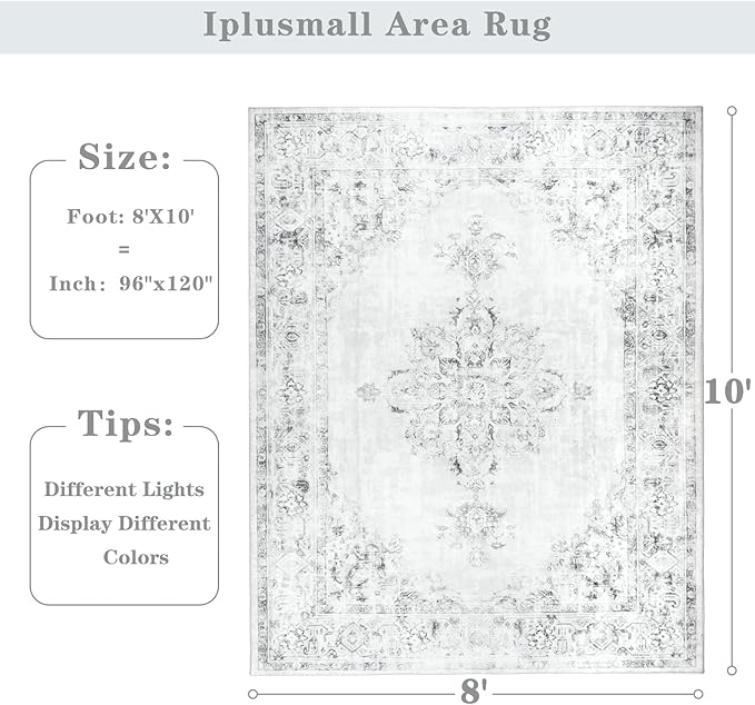 Area Rug 8x10, Washable Rug for Living Room, Large Area Rugs for Bedroom, Vintage Rug 8x10 for Dining Room, Non Slip Soft Low Pile Indoor Carpet for Kitchen, Nursery, Office, Farmhouse, Light Grey