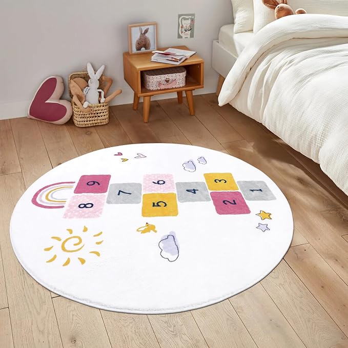 HiiARug Hopscotch Kids Rug Round 5Ft Fun and Educational Playroom Rug Soft Durable Rainbow Floor Carpet Kid’s Play Mat for Bedroom, Playroom, Nursery, Gift for Girls & Boys(Colorful)