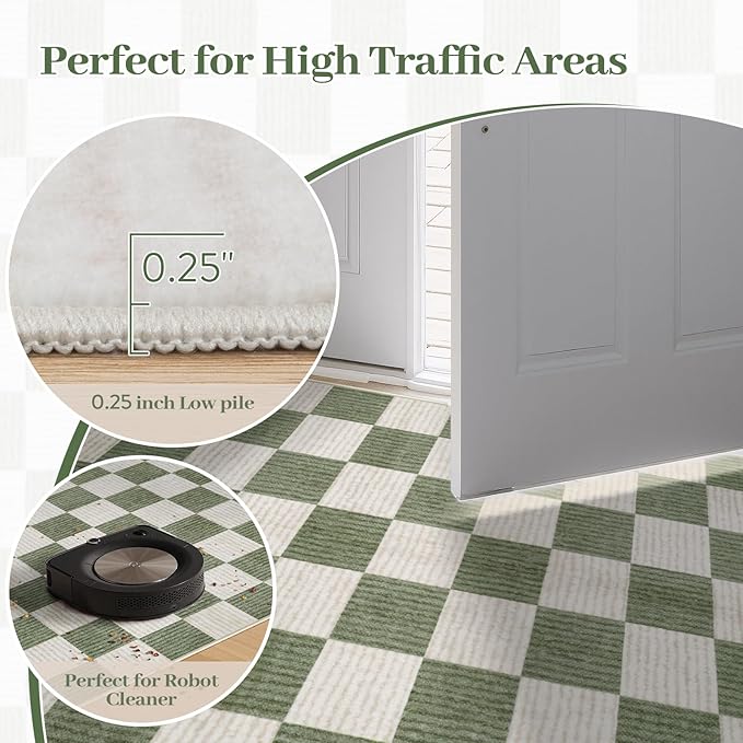 LIVEBOX 4x6 Washable Area Rug Checkered, Non-Slip Small Entryway Rug Green Farmhouse Neutral Classic Geometric Boys Rug for Bedroom Living Room Low-Pile Carpet for Indoor Kitchen(Sage Green 4'x6')