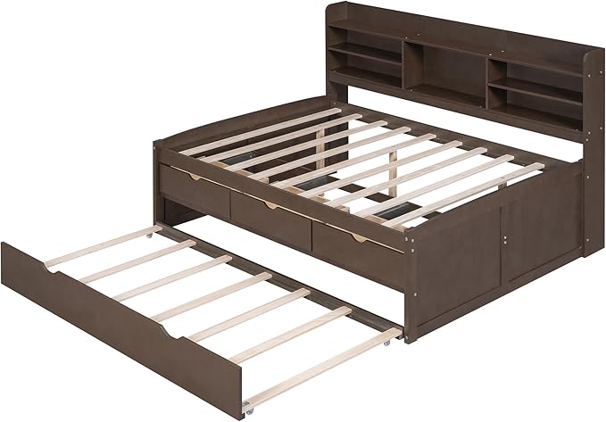 Harper & Bright Designs Full Size Captain Bed with Built-in Bookshelves/3 Storage Drawers/Trundle, Wooden Full Daybed Bed Frame for Kids Teens Dorm Bedroom Multipurpose Guest Room, Antique Gray