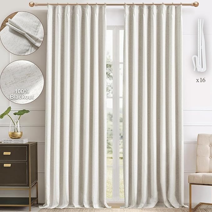 IVAPUPU Natural Linen Blend Pinch Pleated Blackout Curtains for Bedroom - 2 Panels 100% Black Out Curtains 108 Inch Long for Living Room Darkening Thermal Window Curtain Drapes with 16pc Hooks