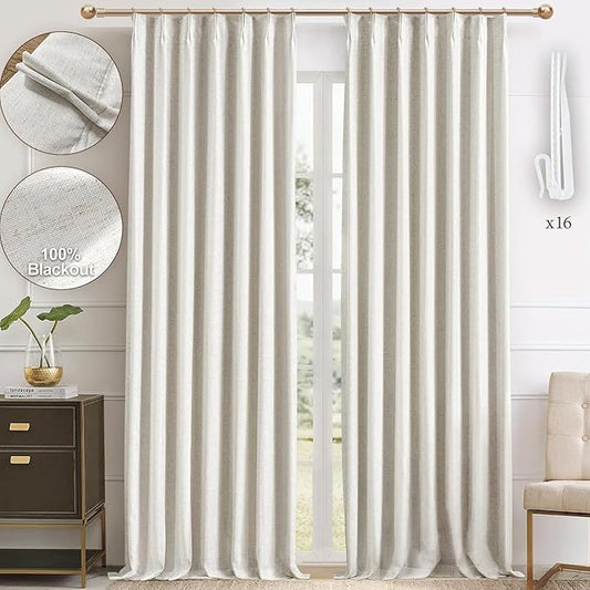IVAPUPU Linen Pinch Pleated Blackout Curtains for Bedroom - 100% Black Out Natural Curtains 102 Inch Long 2 Panel for Living Room Darkening Thermal Insulated Thick Window Drapes with 16pc Hooks