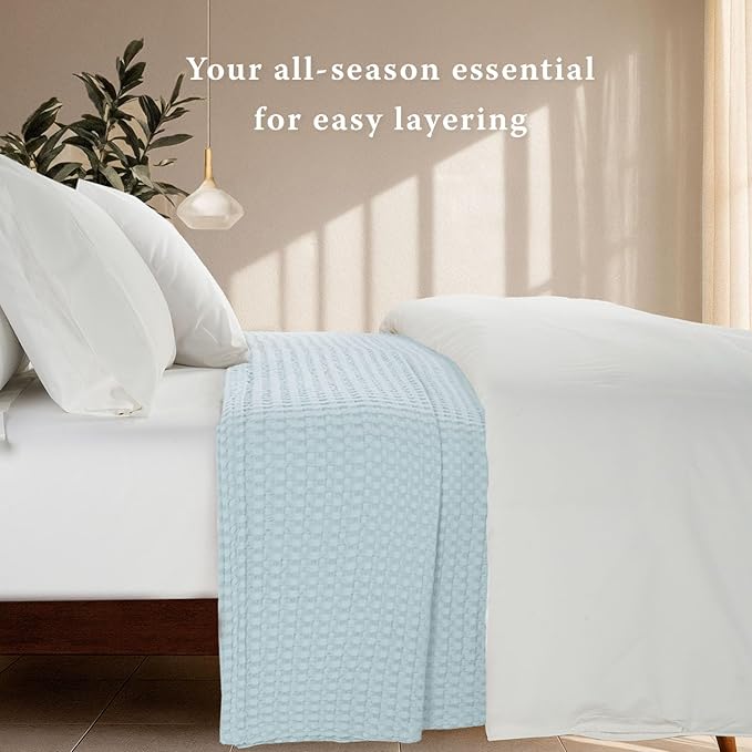 Threadmill Cooling Cotton Waffle Queen Size Blanket | Breathable, Lightweight & Ultra-Soft | Made from Rayon Derived from Bamboo| Cooling Throw Blanket for Couch and Sofa| 90 x 92 Inches | Light Blue