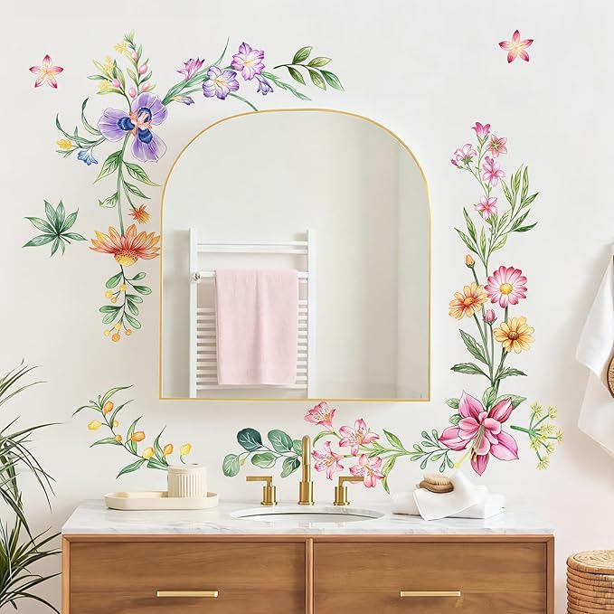 Tanlaby Retro Colorful Wildflower Wall Stickers, Garden Floral Wall Decals Retro Flower Decal Peel and Stick Wall Decals Walll Art Decor for Bedroom Office Sofa TV Backdrop
