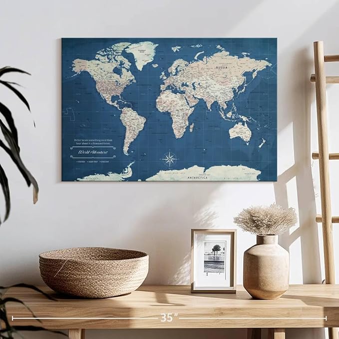 ElephantStock - World Adventures Push Pin Travel Map I Wall Art - Horizontal Canvas Wall Art - Living Room Wall Decor - Printmaking Map Canvas Art - Blue And Beige Decor - 24" x 16"