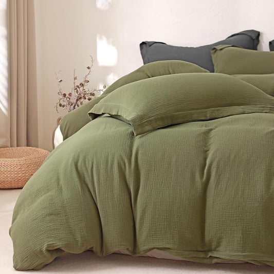MorroMorn Muslin Duvet Cover California King Size, 100% Cotton Comforter Cover Set, Ultra Soft 3 Pieces 2-Layer Gauze Duvet Cover with 2 Pillowcases, Breathable Linen Like, 98"x104", Olive Green