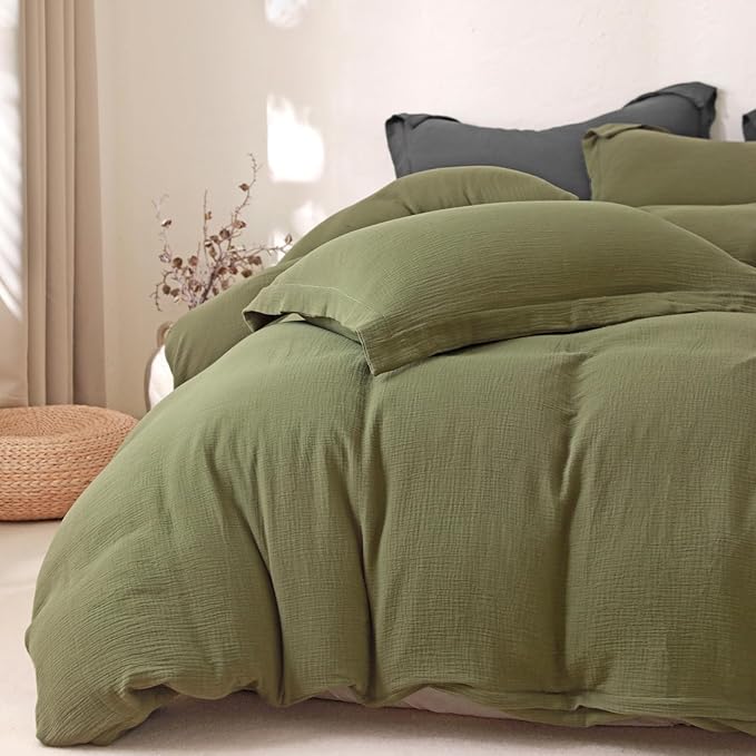 MorroMorn Muslin Duvet Cover Queen Size, 100% Breathable Cotton Comforter Cover Sets, Ultra Soft 2-Layer Gauze Duvet Cover Set 3 PCS with 2 Pillowcases, Lightweight Linen Like, 90"x90", Olive Green