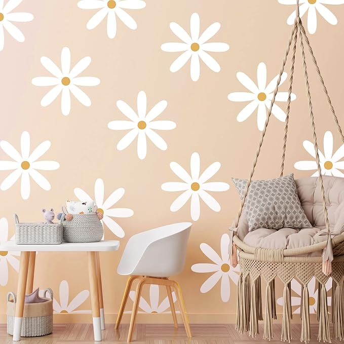 TaoBary 12 Sheets Daisy Wall Decal Flower Wall Sticker Cute Daisy Sticker Pink White Flower Decal Peel and Stick Floral Wallpaper for Nursery Bedroom Home Decor(White, Yellow,Fresh Style)