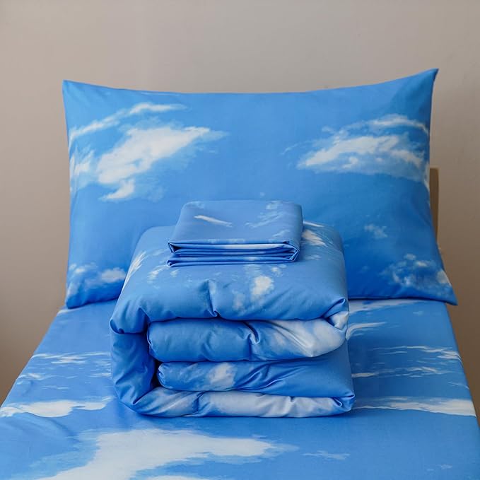 KAREVER Cloud Toddler Bedding Set 4 Pieces Crib Bed Set Kids White Blue Sky Theme Comforter Set