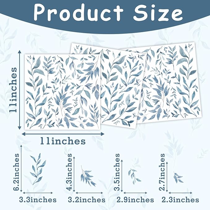 Watercolor Leaves Wall Stickers Blue Country Leaf Wall Decals Peel and Stick Small Tree Leaf Wall Stickers Removable Botanical Plant Leaves Wall Decals for Bedroom Living Room Decor