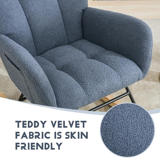 Nursery Rocking Chair Teddy Upholstered Glider Rocker Rocker Accent Chair with High Backrest Armchair Comfy Side Pocket Modern Rocking Accent Chairs for Living Room, Nursery, Office-Navy