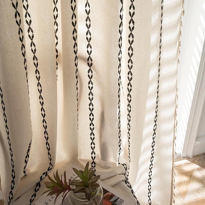 Deeprove White and Black Boho Curtains 63 inches Length for Living Room Bedroom Nursery, Aztec Chic Bohemian 63 inches Long Damask Stripe Embroidery Privacy Window Fringe Decor W52 x L63, 1 Panel