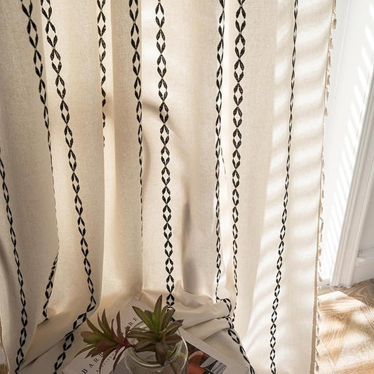 Deeprove White and Black Boho Curtains 63 inches Length for Living Room Bedroom Nursery, Aztec Chic Bohemian 63 inches Long Damask Stripe Embroidery Privacy Window Fringe Decor W52 x L63, 1 Panel