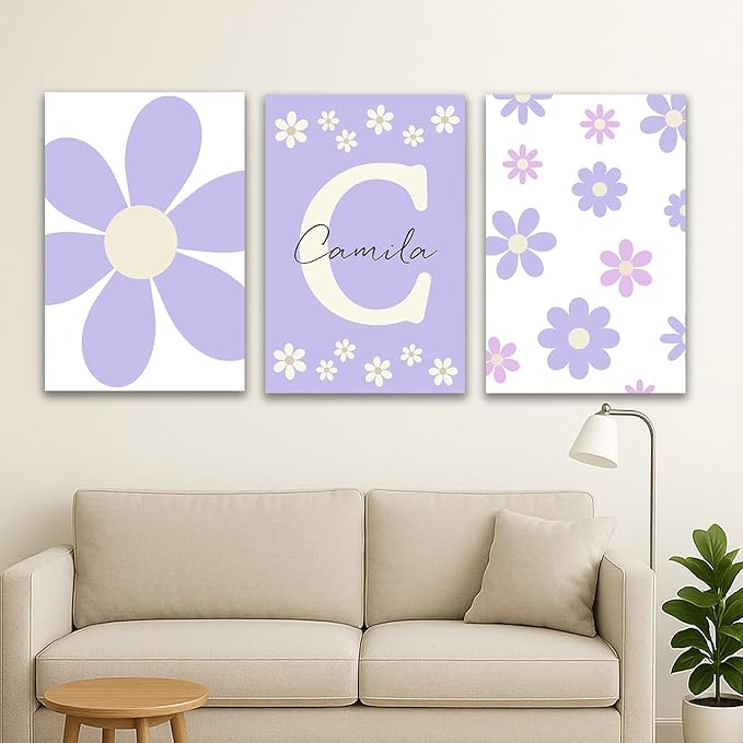 Personalized Girls Nursery Wall Art – Custom Name Purple Daisy 3pc Unframed Canvas Print for Girls Room, Baby Nursery, Kids Wall Decor, Initial Wall Art, Birthday or Holiday Gift (19.7×29.5inch)