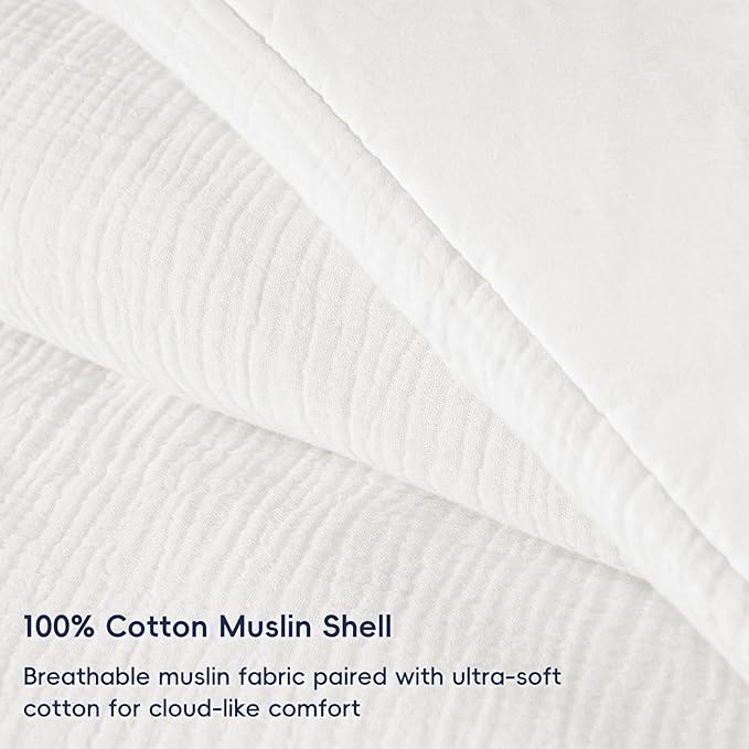 PHF Cotton Muslin Comforter Set King Size, Ultra Soft, Breathable & Lightweight All-Season Bedding, Filling: 100% Polyester, 3 Pieces with 1 Comforter 104"x90" and 2 Pillow Shams 20"x36", White