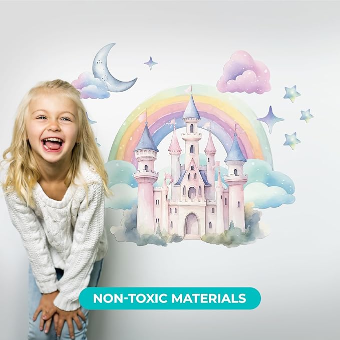 CRYPTONITE Rainbow Wall Decal for Girls Bedroom | Watercolor Castle Vinyl Sticker for Nursery Wall Decor | Cute Stickers for Kids Room, Windows, or Furniture | 3 Sizes (Wide 30" x 26" Height (Medium))