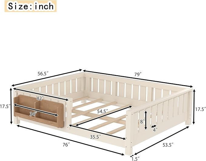 Bellemave Full Size Floor Bed with high Rails and with Built-in Bookshelf for Kids, Girls, Boys, Wood Montessori Floor Bed Without Door, Beige