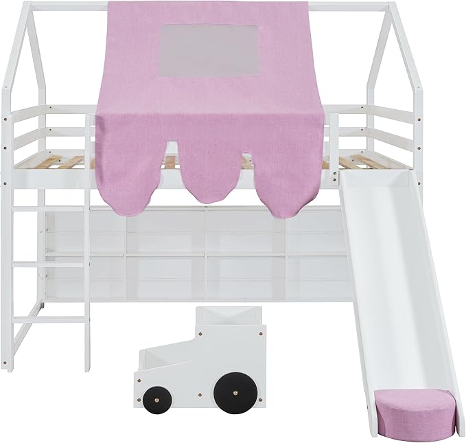 Playhouse Design Full Size Wood Loft Bed with Slide and Tent, Low Loft House Bed Frame with Storage Shelves and Removable Car-Shaped Staircase for Kids Teens Boys Girls Bedroom (White-PT)