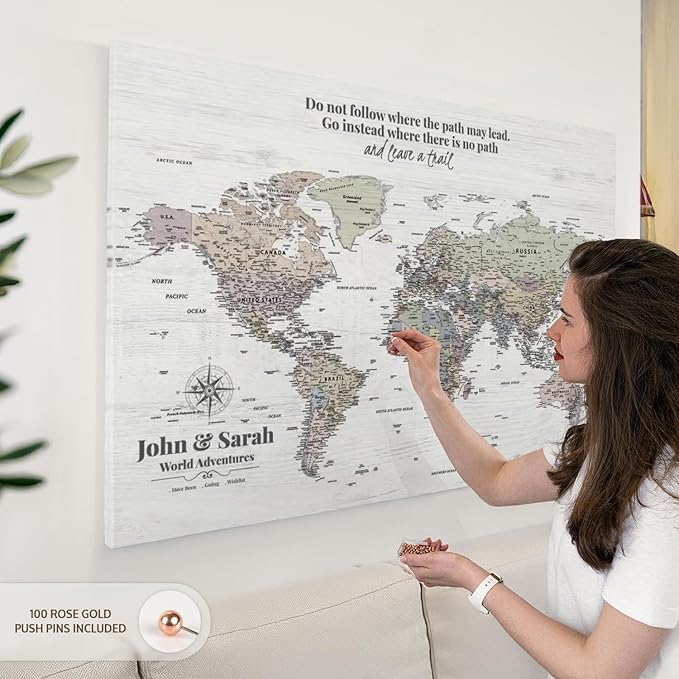 ElephantStock - Personalized Leave A Trail Iii Push Pin World Map Wall Art - Horizontal Canvas Wall Art - Living Room Wall Decor - Digital Art Map Canvas Art - White And Gray Decor - 48" x 32"