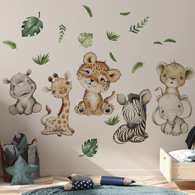 Yovkky Watercolor Baby Safari Animals Wall Decals Stickers, African Jungle Elephant Zebra Giraffe Hippo Lion Leopard Cheetah Kids Room Nursery Decor, Neutral Palm Leaf Crib Decorations Bedroom Art
