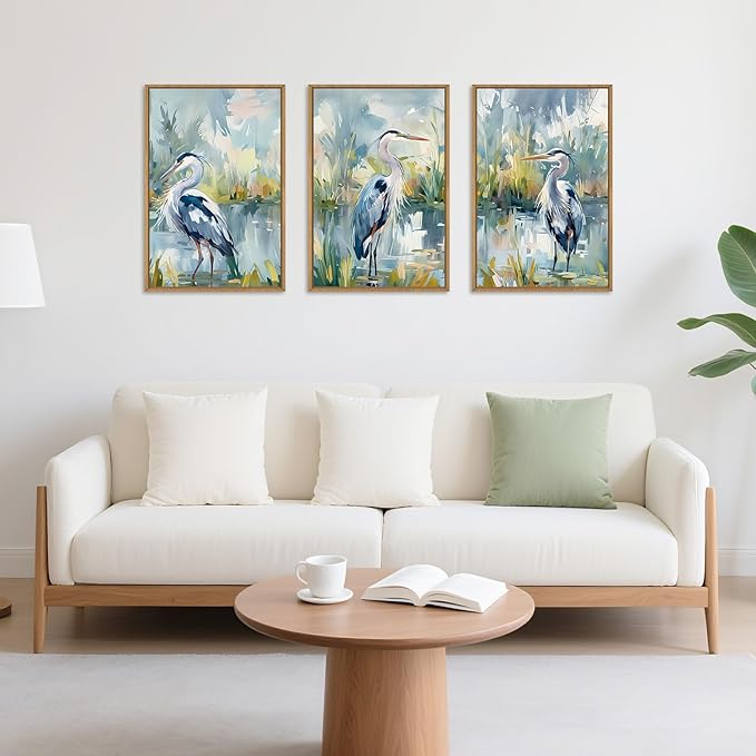 HLNIUC Great Blue Heron Wall Art Set of 3, Watercolor Coastal Bird Wall Decor(16x24), Wildlife Animal Illustrations Canvas Painting, Modern Boho Nature Avian Art Prints for Living Room,Bedroom, Office