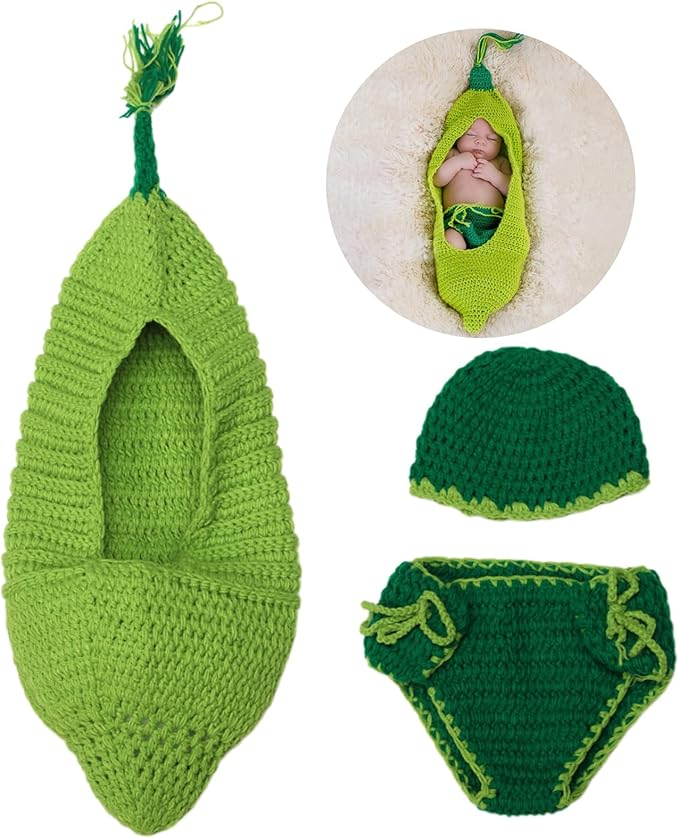 3Pcs Baby Photo Shoots Costume Set Green Bean Shaped Sleep Bag With Hat And Diaper Shorts For Newborns 0-3 Months Infant