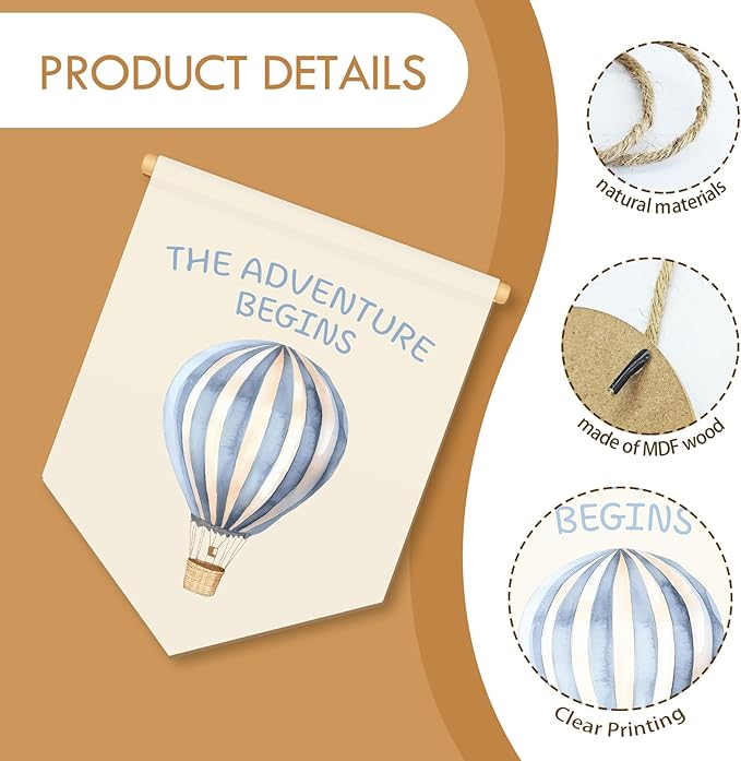 MOTERMATE Hot Air Balloon Nursery Sign Decor, Baby Boy Girl Toddler Room Front Door Wall Hanging Decor Decorations for Boys Girls Bedroom Nursery Playroom, The Adventure Begins Sings, 8x10 Inch