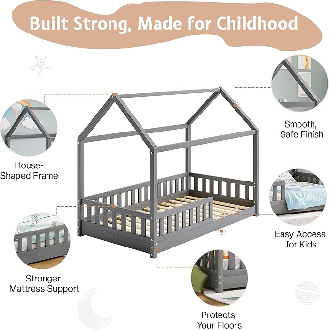 Jocisland Twin Size House Bed for Kids, Montessori Wooden Floor Bed Frame with Guardrails, Removable Rails, Playhouse Roof, Easy Assembly, Toddler Floor Bed for Boys & Girls, Grey