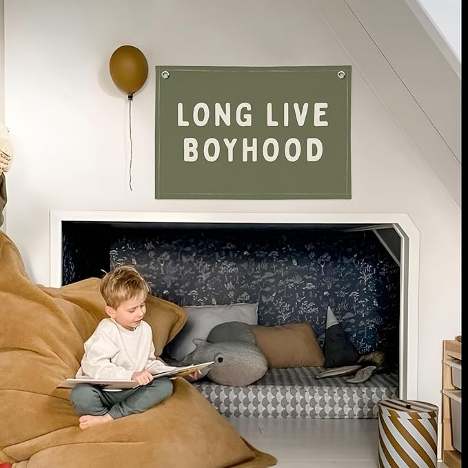 Long Live Boyhood Banner, Boy Nursery Decor, Canvas Banner Wall Hanging Flag Decor for Nursery Playroom Toddler Room, Boys Kids Room (Green)