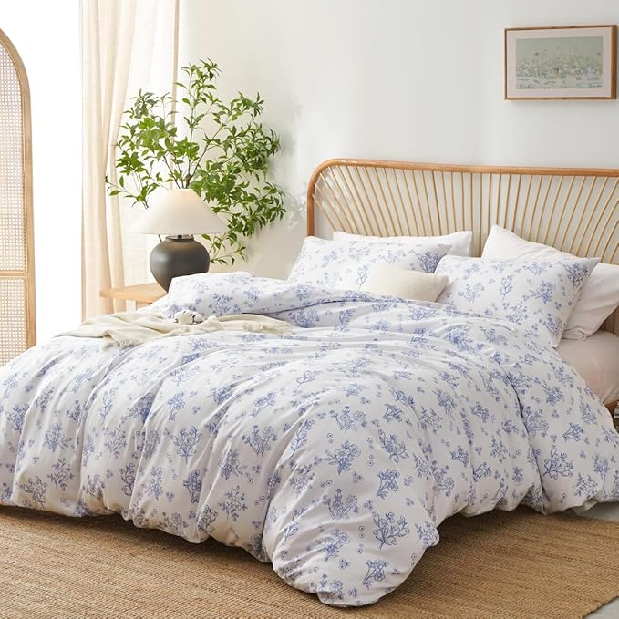 Blue Floral Duvet Cover Twin Cornflower Blue Botanical Flower Bedding Set Reversible Garden Coquette Bedding Girls Soft Microfiber 2Pcs Zipper Closure（No Comforter）