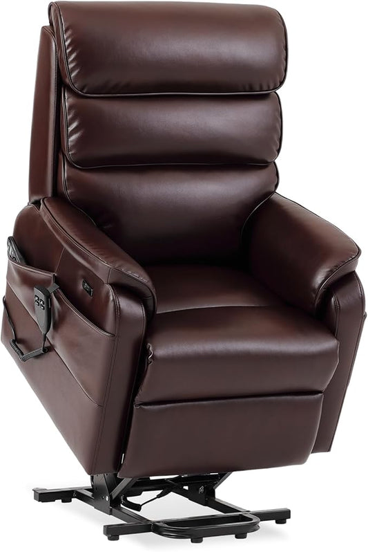 DYNOX 300 LBS Power Lift Recliner Chair for Elderly, Small Size Dual Motor Lay Flat Infinite Positions Recliner with Heat, Massage & USB Charging Port (9188S,Faux Leather,Brown)