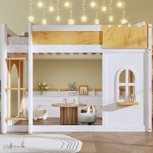 Full Over Full Bunk Bed with Storage Shelves and Window, Wood Bunk Bed Frame with 2 Doors for Kids Teens Adult Bedroom, No Spring Box Needed